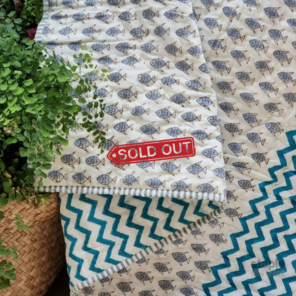 GOTS Certified Organic Cotton Reversible Baby Quilt (100x120cm) - Little Fish (Blue) - Baby & Kids > Kid’s Furniture >