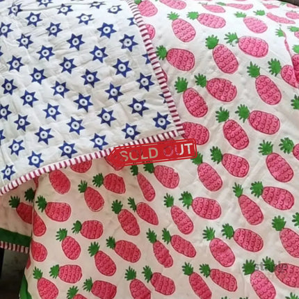 GOTS Certified Organic Cotton Reversible Baby Quilt (100x120cm) - Pink Pineapple - Baby & Kids > Kid’s Furniture >