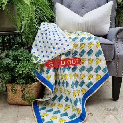 GOTS Certified Organic Cotton Reversible Baby Quilt (100x120cm) - Yellow Cars - Baby & Kids > Kid’s Furniture > Kid’s