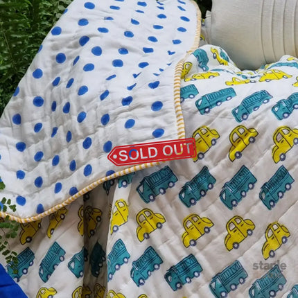GOTS Certified Organic Cotton Reversible Baby Quilt (100x120cm) - Yellow Cars - Baby & Kids > Kid’s Furniture > Kid’s