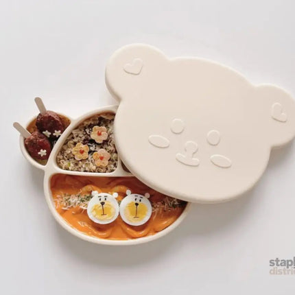 Grosmimi Bear Silicone Suction Food Plate with Silicone Lid Chocolate Brown-2006733467890618368
