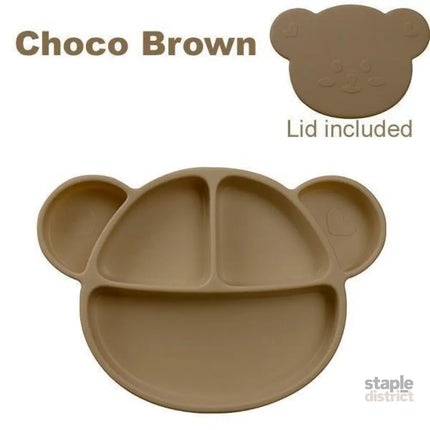 Grosmimi Bear Silicone Suction Food Plate with Silicone Lid Oatmeal-2006733468058390534