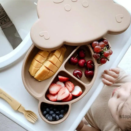 Grosmimi Bear Silicone Suction Food Plate with Silicone Lid Oatmeal-2006733468058390533