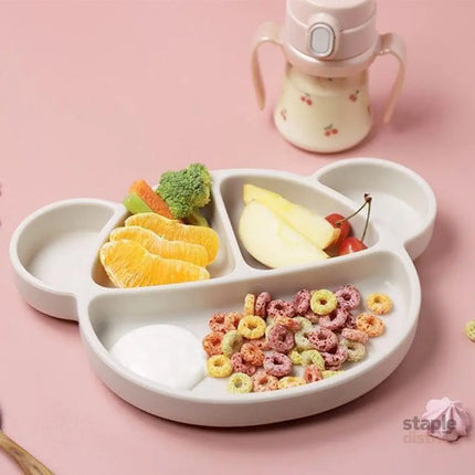 Grosmimi Bear Silicone Suction Food Plate with Silicone Lid Oatmeal-2006733468058390529