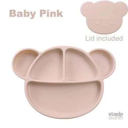 Grosmimi Bear Silicone Suction Food Plate with Silicone Lid Oatmeal-2006733468058390535