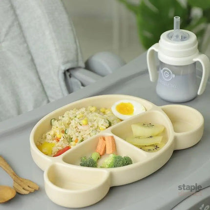 Grosmimi Bear Silicone Suction Food Plate with Silicone Lid Oatmeal-2006733468058390531