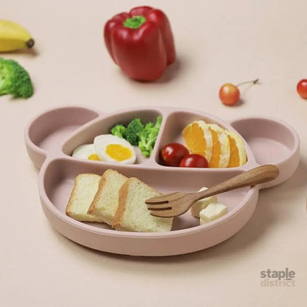 Grosmimi Bear Silicone Suction Food Plate with Silicone Lid Vanilla-2006733468242939904