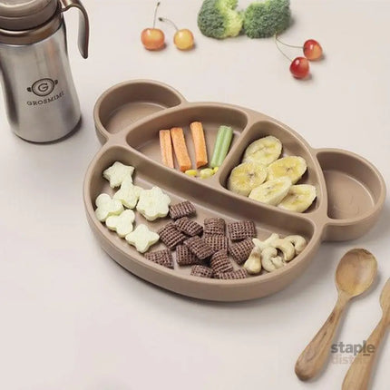 Grosmimi Bear Silicone Suction Food Plate with Silicone Lid Vanilla-2006733468242939906
