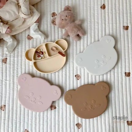 Grosmimi Bear Silicone Suction Food Plate with Silicone Lid Vanilla-2006733468242939908