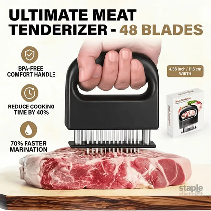 Heavy-duty meat tenderizer with 48 stainless steel needles and a locking mechanism – suitable for tenderizing steaks