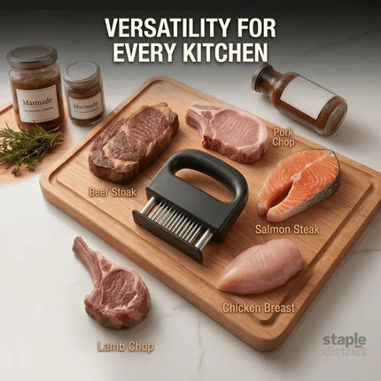 Heavy-duty meat tenderizer with 48 stainless steel needles and a locking mechanism – suitable for tenderizing steaks