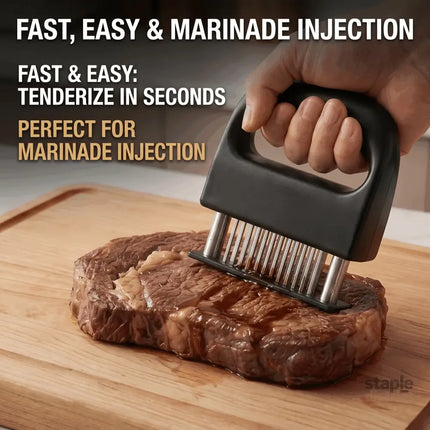 Heavy-duty meat tenderizer with 48 stainless steel needles and a locking mechanism – suitable for tenderizing steaks