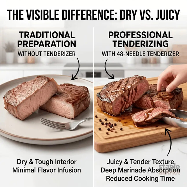 Heavy-duty meat tenderizer with 48 stainless steel needles and a locking mechanism – suitable for tenderizing steaks