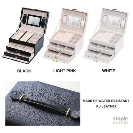Jewellery Box With Mirror Double Drawers Organizer Storage Lock Case(White) - Health & Beauty > Cosmetic Storage >