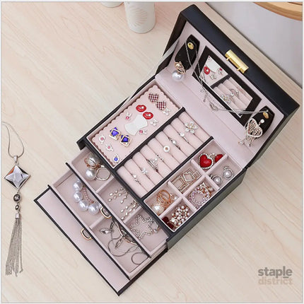Jewellery Box With Mirror Double Drawers Organizer Storage Lock Case(White) - Health & Beauty > Cosmetic Storage >