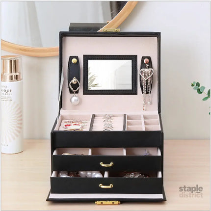 Jewellery Box With Mirror Double Drawers Organizer Storage Lock Case(White) - Health & Beauty > Cosmetic Storage >