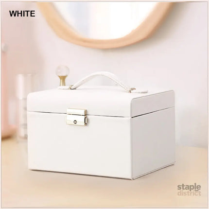 Jewellery Box With Mirror Double Drawers Organizer Storage Lock Case(White) - Health & Beauty > Cosmetic Storage >