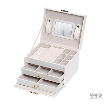Jewellery Box With Mirror Double Drawers Organizer Storage Lock Case(White) - Health & Beauty > Cosmetic Storage >