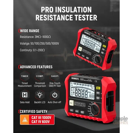KAIWEETS Megohmmeter Insulation Resistance Tester Up to 100GΩ 50V/100V/250V/500V/1000V One-Touch DAR/PI with AC/DC
