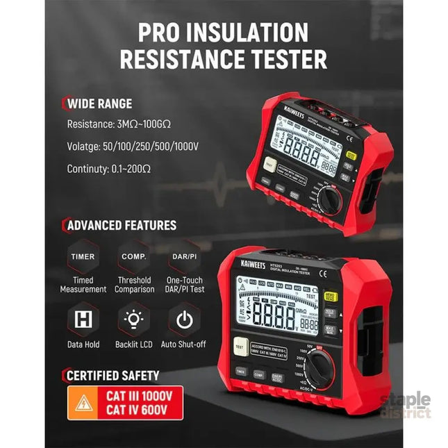 KAIWEETS Megohmmeter Insulation Resistance Tester Up to 100GΩ 50V/100V/250V/500V/1000V One-Touch DAR/PI with AC/DC