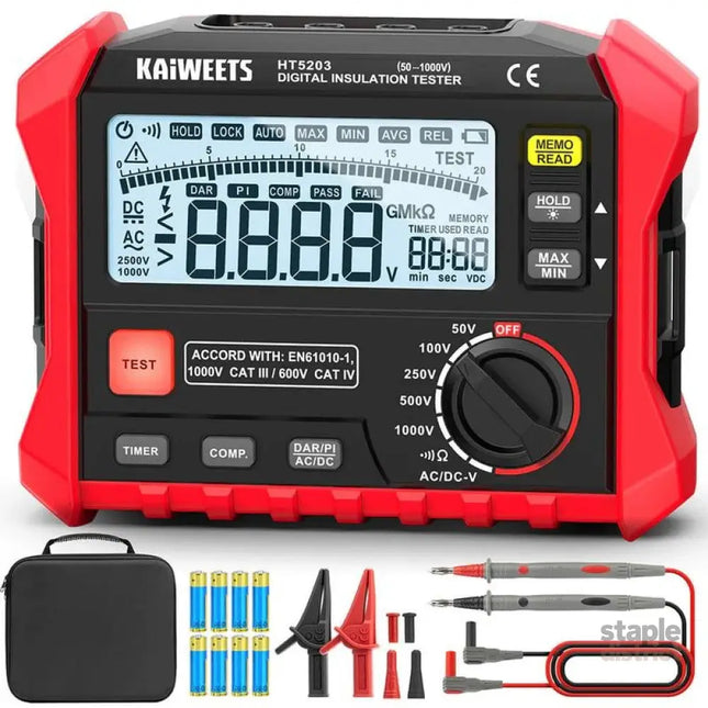 KAIWEETS Megohmmeter Insulation Resistance Tester Up to 100GΩ 50V/100V/250V/500V/1000V One-Touch DAR/PI with AC/DC