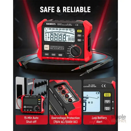 KAIWEETS Megohmmeter Insulation Resistance Tester Up to 100GΩ 50V/100V/250V/500V/1000V One-Touch DAR/PI with AC/DC