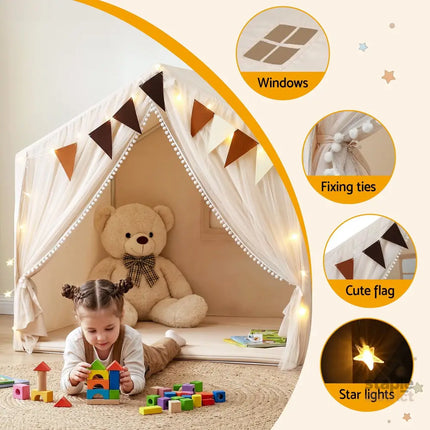 Keezi Kids Play Tent with Star Lights Windows Flag 144cmx95cm Playhouse - Baby & Kids > Baby & Kid’s Toys > Pretend Play