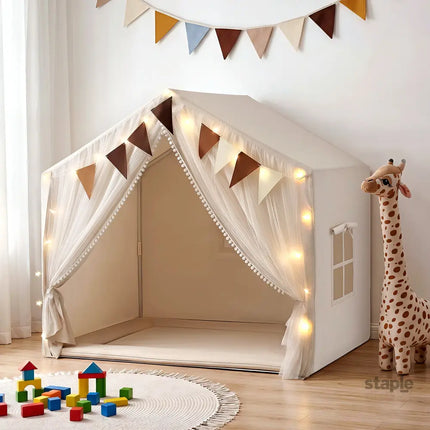 Keezi Kids Play Tent with Star Lights Windows Flag 144cmx95cm Playhouse - Baby & Kids > Baby & Kid’s Toys > Pretend Play