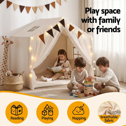 Keezi Kids Play Tent with Star Lights Windows Flag 144cmx95cm Playhouse - Baby & Kids > Baby & Kid’s Toys > Pretend Play