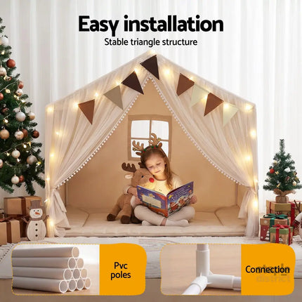 Keezi Kids Play Tent with Star Lights Windows Flag 144cmx95cm Playhouse - Baby & Kids > Baby & Kid’s Toys > Pretend Play