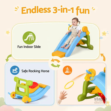 Keezi Kids Slide Set Toddler Indoor Playset Rocking Horse Ring Toss Multi Colour - Baby & Kids > Baby & Kid’s Toys >