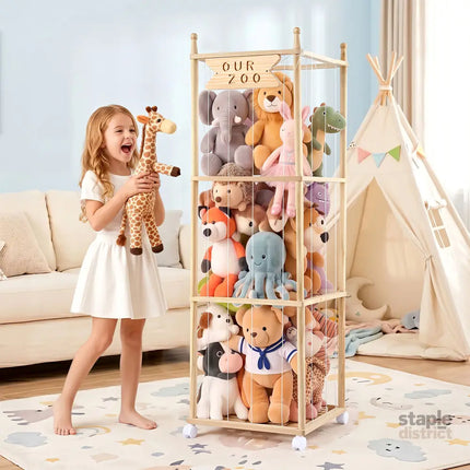 Keezi Stuffed Animal Storage Wooden Toy Holder with Wheels Soft Toy Storage Zoo Cage Stuffy Toy Storage Organizers with