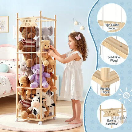 Keezi Stuffed Animal Storage Wooden Toy Holder with Wheels Soft Toy Storage Zoo Cage Stuffy Toy Storage Organizers with