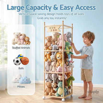 Keezi Stuffed Animal Storage Wooden Toy Holder with Wheels Soft Toy Storage Zoo Cage Stuffy Toy Storage Organizers with