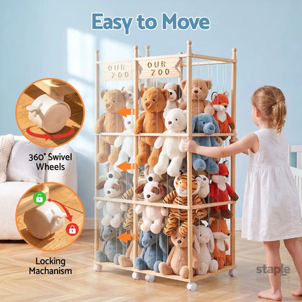 Keezi Stuffed Animal Storage Wooden Toy Holder with Wheels Soft Toy Storage Zoo Cage Stuffy Toy Storage Organizers with