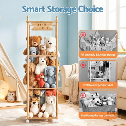 Keezi Stuffed Animal Storage Wooden Toy Holder with Wheels Soft Toy Storage Zoo Cage Stuffy Toy Storage Organizers with