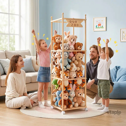 Keezi Stuffed Animal Storage Wooden Toy Holder with Wheels Soft Toy Storage Zoo Cage Stuffy Toy Storage Organizers with