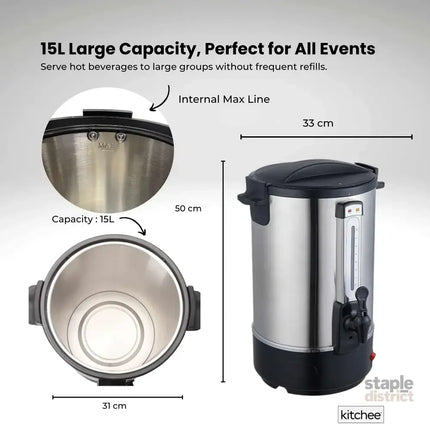 Kitchee 15L Electric Water Boiler - Stainless Steel Commercial Hot Liquid Urn - Appliances > Kitchen Appliances >