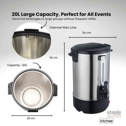 Kitchee 20L Electric Water Boiler - Stainless Steel Commercial Hot Liquid Urn - Appliances > Kitchen Appliances >