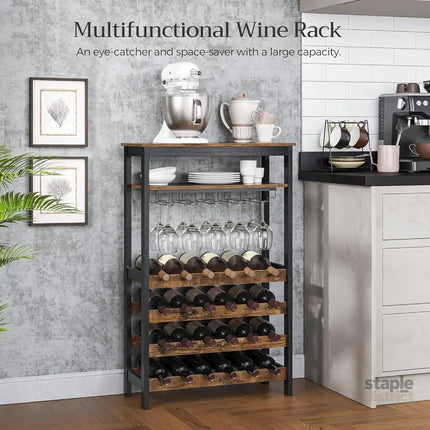 CARLA HOME Large Wine Rack with Glass Holder Metal Designed Bottle Holder and Wood Countertop up to Wine & Champagne
