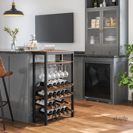 CARLA HOME Large Wine Rack with Glass Holder Metal Designed Bottle Holder and Wood Countertop up to Wine & Champagne