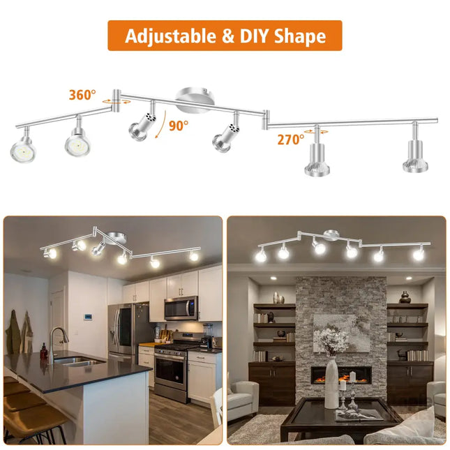 LED Ceiling Light 6 Way Rotatable Spot Lights for Ceiling,Flexible Ceiling Lights for Bedroom,Living Room,Nickel with