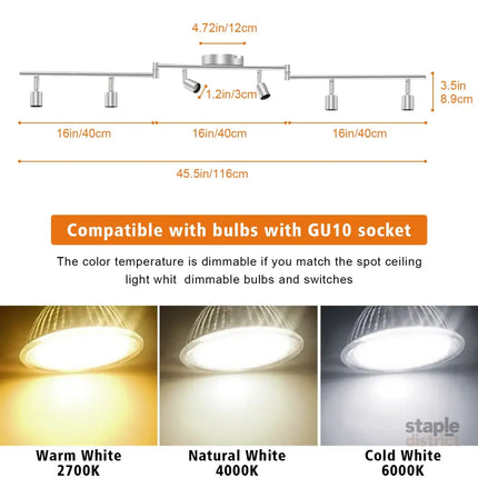 LED Ceiling Light 6 Way Rotatable Spot Lights for Ceiling,Flexible Ceiling Lights for Bedroom,Living Room,Nickel with