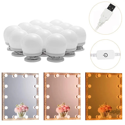 LED Makeup Vanity Lights with 14 Dimmable Light Bulbs Hollywood Style Cosmetic Mirror Lights USB Cable 3 Color Modes