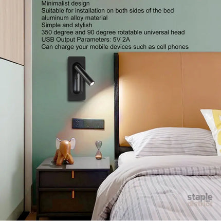 LED Wall Reading Light Simple Stylish Wall Mounted Light with Switch USB Port for Indoor Bedroom 100‑240V - Home &
