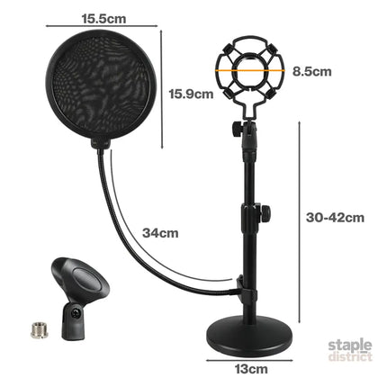 Levede Desktop Microphone Stand Adjustable Pop Filter Shock Mount Base Kit Black-2050056791613640706