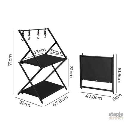Levede Foldable Camping Storage Shelves 2 Layer with Hooks Black-2029387242820210690