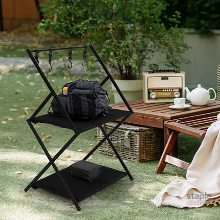 Levede Foldable Camping Storage Shelves 2 Layer with Hooks Black-2029387242820210694