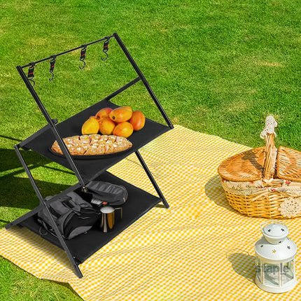 Levede Foldable Camping Storage Shelves 2 Layer with Hooks Black-2029387242820210695