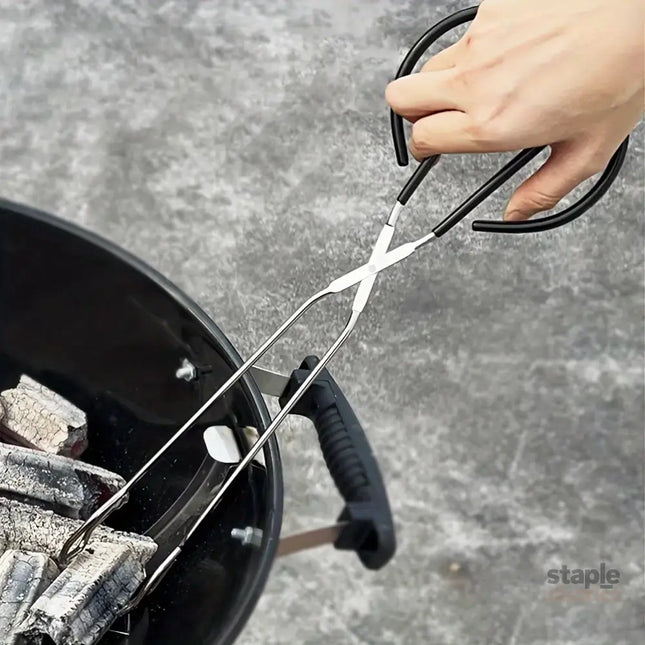 Long sturdy and heat-resistant charcoal tongs for grilling food. Made of stainless steel these portable tongs are